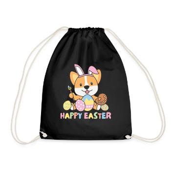 happy easter sweet corgi Easter with Easter eggs - Drawstring Bag - black - Front