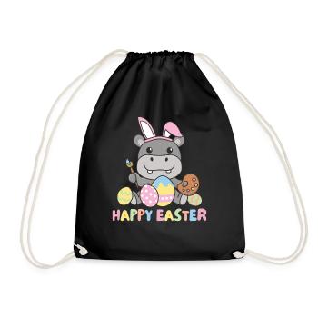 happy easter sweet hippo Easter with Easter eggs - Drawstring Bag - black - Front