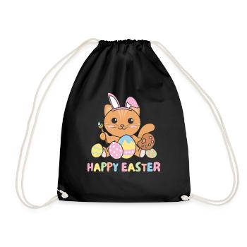 happy easter cute cat Easter with Easter eggs - Drawstring Bag - black - Front
