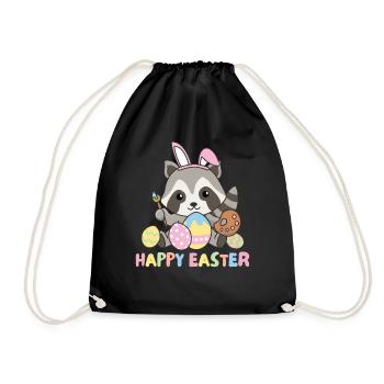 happy easter sweet raccoon Easter with Easter eggs - Drawstring Bag - black - Front