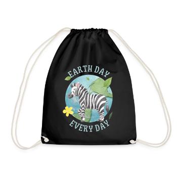 Earth Day Every Day, saying with Zebra Environmental protection - Drawstring Bag - black - Front