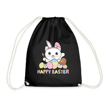 happy easter cute cat Easter with Easter eggs - Drawstring Bag - black - Front