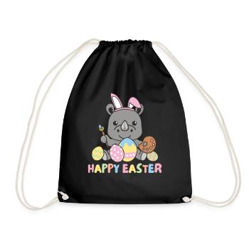 happy easter sweet rhinoceros Easter with Easter eggs - Drawstring Bag - black - Front
