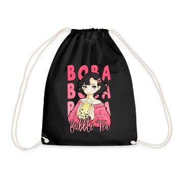 Cute Tapioca Balls Boba Tea Anime Girl Bubble Milk - Drawstring Bag - black - Front