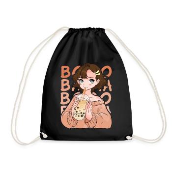 Kawaii Anime Girl Bubble Tea Tapioca Balls Boba Mi - Drawstring Bag - black - Front