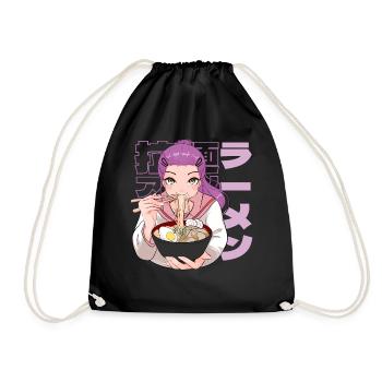 Japanese School Girl Anime Ramen Noodle Soup - Drawstring Bag - black - Front