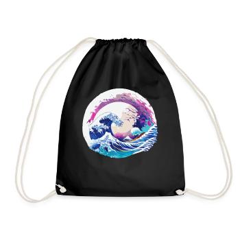 Great Wave Japanese Vaporwave Cherry Blossom - Drawstring Bag - black - Front