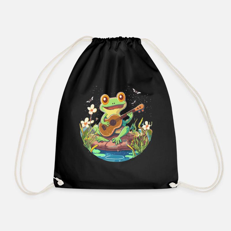 Countryside Guitarist Frog Cottagecore Aesthetic - Drawstring Bag - black