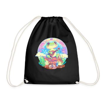 Frog Banjoist Colorful Cottagecore Aesthetic Cute - Drawstring Bag - black - Front