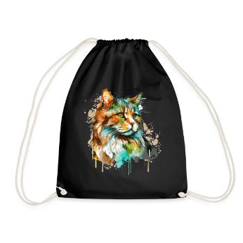Watercolor Norwegian Forest Cat Colorful Long Hair - Drawstring Bag - black - Front