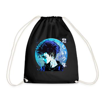 Sad Anime Boy Edgy Japanese Vaporwave Urban Street - Drawstring Bag - black - Front