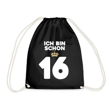 16. Geburtstag Geschenk - 16 Jahre mit Krone - Turnbeutel - Schwarz - Vorne