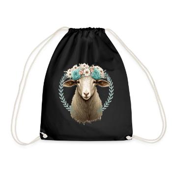 Flower Crown Sheep Floral Farm Animal Pet - Drawstring Bag - black - Front