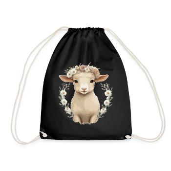 Cute Lamb Flower Crown Sheep Baby Floral Farm Anim - Drawstring Bag - black - Front