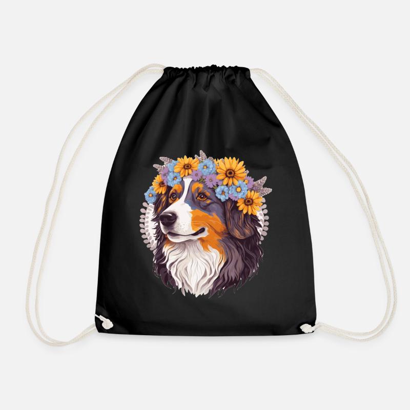 Australian Shepherd Flower Crown Pet Dog Floral Fa - Drawstring Bag - black