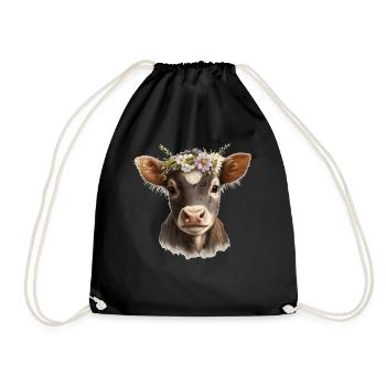 Calf Flower Crown Baby Cow Floral Farm Animal Pet - Drawstring Bag - black - Front