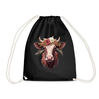Cow Flower Crown Floral Farm Animal Pet - Drawstring Bag - black - Front