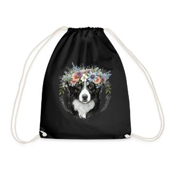 Border Collie Flower Crown Pet Dog Breed Floral Fa - Drawstring Bag - black - Front