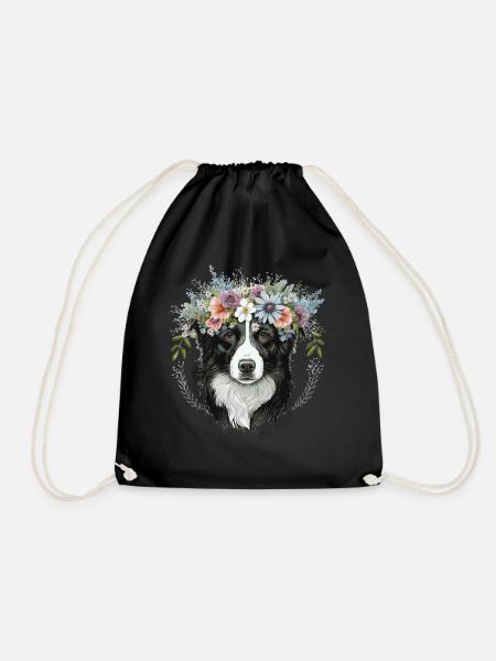 Border Collie Flower Crown Pet Dog Breed Floral Fa - Turnbeutel - Schwarz