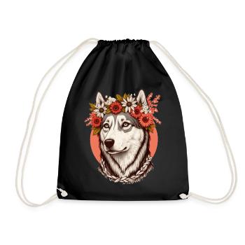 Cute Siberian Husky Flower Crown Pet Dog Breed Flo - Drawstring Bag - black - Front