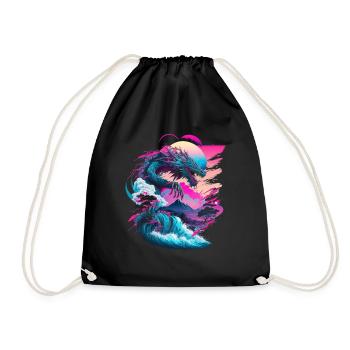Dragon Vaporwave Abstract Landscape Moon Tree - Drawstring Bag - black - Front