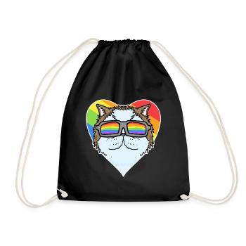 Regenbogen - Katze Perserkatze mit Brille und Herz - Turnbeutel - Schwarz - Vorne