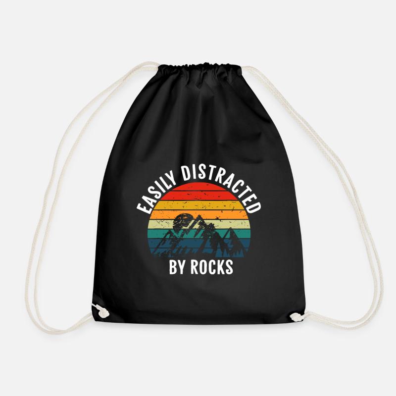Easily Distracted By Rocks Collecting Lovers Retro - Drawstring Bag - black
