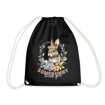 Rabbit, Rabbit Kawaii Illustration with Flowers - Drawstring Bag - black - Front