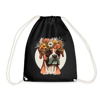 Cute Boxer Dog Flower Crown Pet Dog Breed Floral P - Drawstring Bag - black - Front