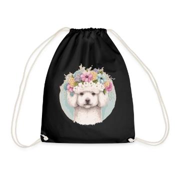 Cute Bichon Frise Flower Crown Pet Dog Floral Pupp - Drawstring Bag - black - Front