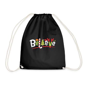 Christmas Believe Boys Girls Santa Hat Xmas Tree - Drawstring Bag - black - Front