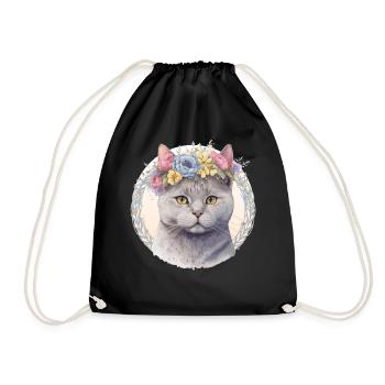 Cute British Shorthair Cat Flower Crown Cats Pet K - Drawstring Bag - black - Front