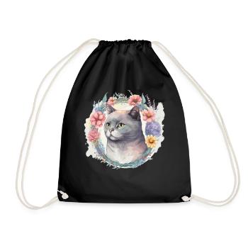 Cute British Shorthair Cat Flower Crown Cats Pet K - Drawstring Bag - black - Front