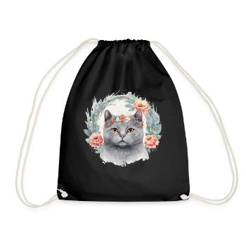 Cute British Shorthair Cat Flower Crown Cats Pet K - Drawstring Bag - black - Front