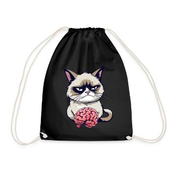 Funny Cartoon Grump Cat With Brain - Sarcasm - Drawstring Bag - black - Front