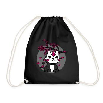 Japanese Oni Mask Cat and Cherry Blossom Anime - Drawstring Bag - black - Front