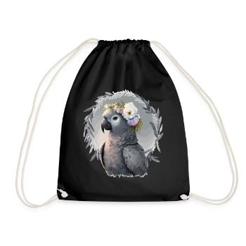 Artistic African Gray Parrot Bird Flower Crown Pet - Drawstring Bag - black - Front