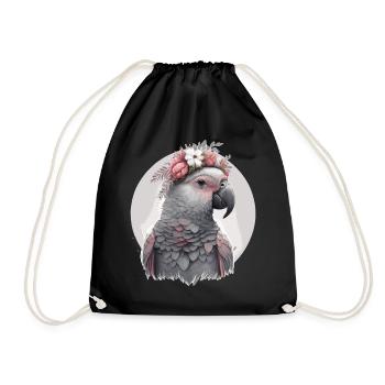 Cute Watercolor African Gray Parrot Bird Flower Cr - Drawstring Bag - black - Front