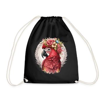 Scarlet Macaw Parrot Watercolor Bird Flower Crown - Drawstring Bag - black - Front