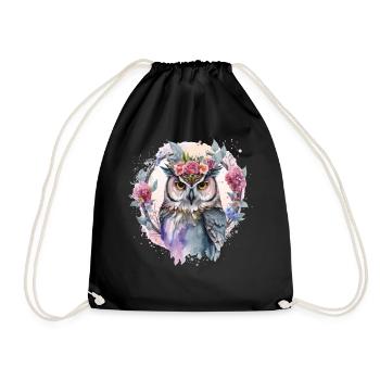 Watercolor Owl Flower Crown Artistic Floral Birds - Turnbeutel - Schwarz - Vorne