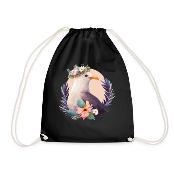 Cute Seagull Bird Flower Crown Floral Birds - Drawstring Bag - black - Front