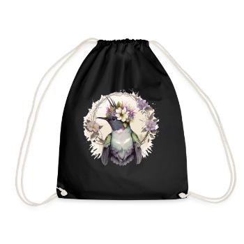 Cute Watercolor Hummingbird Flower Crown Floral Bi - Drawstring Bag - black - Front