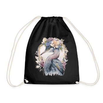 Watercolor Heron Freshwater Bird Watching Flower C - Drawstring Bag - black - Front