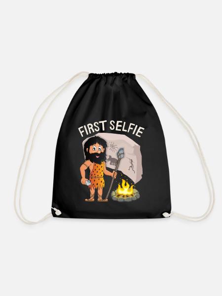 Lustiger Neandertaler, First-Selfie, Spruch, Pun - Turnbeutel - Schwarz