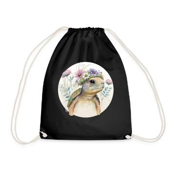 Cute Watercolor Turtle Flower Crown Sea Animal Lov - Drawstring Bag - black - Front