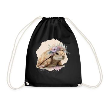 Cute Watercolor Tortoise Turtle Flower Crown Anima - Drawstring Bag - black - Front