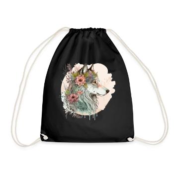 Beautiful Watercolor Wolf Flower Crown Animal Love - Drawstring Bag - black - Front