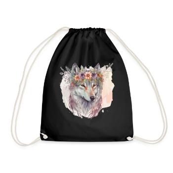 Artistic Watercolor Wolf Flower Crown Floral Anima - Drawstring Bag - black - Front
