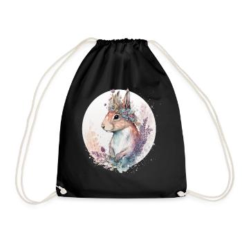 Cute Watercolor Squirrel Flower Crown Animal Lover - Drawstring Bag - black - Front