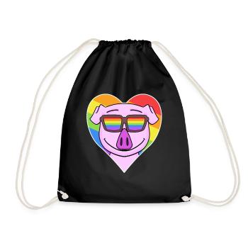 Rainbow - pig with glasses and heart - Drawstring Bag - black - Front
